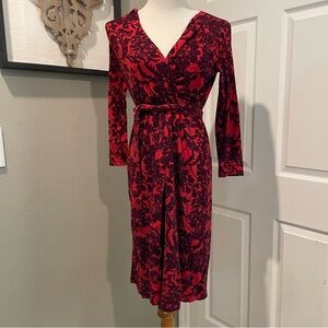 Lands’ End Red Dress Black Floral  S XS 2-4 Faux Wrap Belted Knee Length Cotton